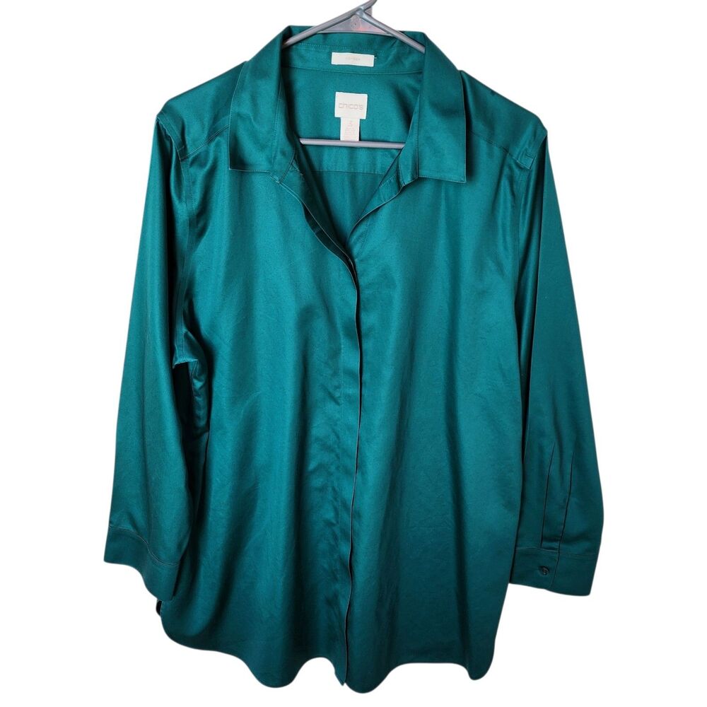 Chico's No-Iron Sateen Shirt Tunic Top Women's Size 3 Teal Green Emerald